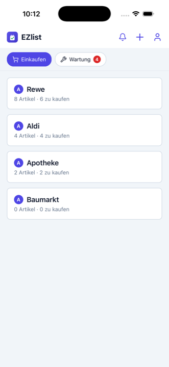 EZlist-Startbildschirm mit einer Einkaufsliste pro Geschäft