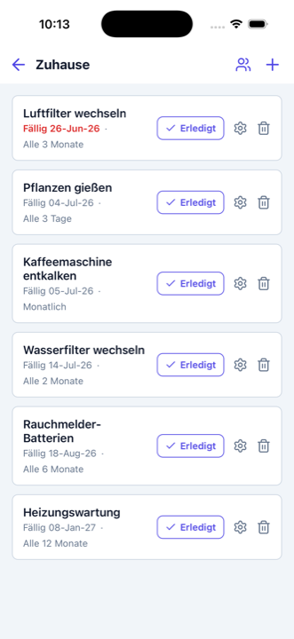 Wartungsliste mit wiederkehrenden Aufgaben, Fälligkeitsdaten und Erinnerungen