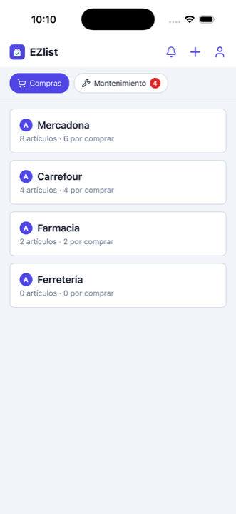 Pantalla de inicio de EZlist con una lista de la compra por tienda