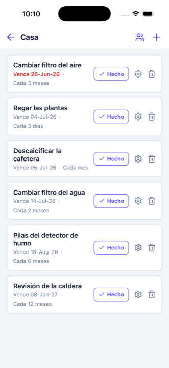 Lista de mantenimiento con tareas recurrentes, fechas de vencimiento y recordatorios