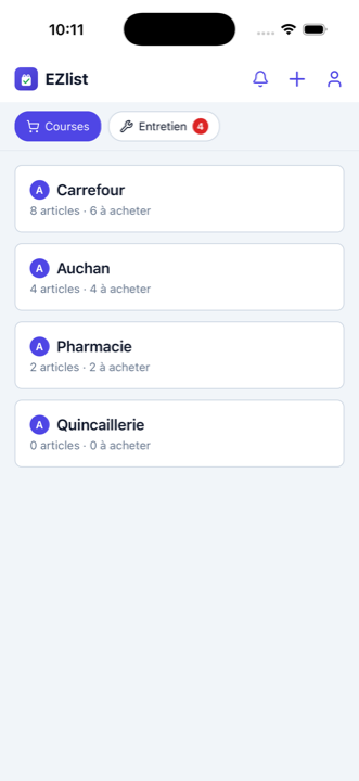 Écran d'accueil d'EZlist avec une liste de courses par magasin