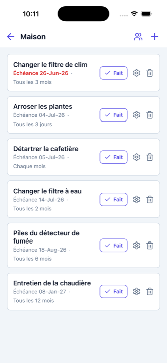 Liste d'entretien avec des tâches récurrentes, des échéances et des rappels