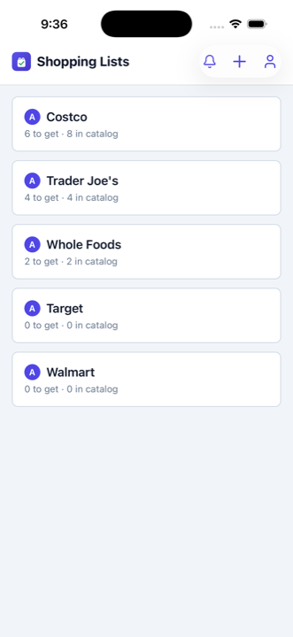 EZlist home screen with a shopping list for each store