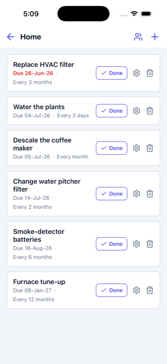 Maintenance list of recurring home tasks with due dates and reminders