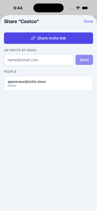 Sharing a list with family by invite link or email