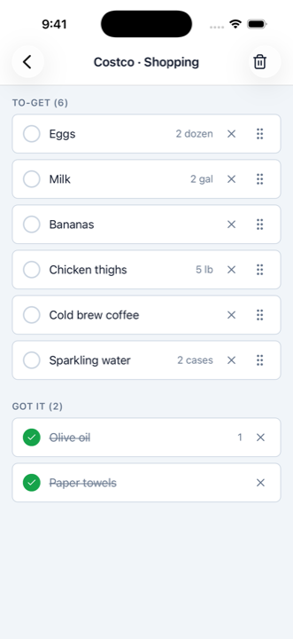 Shopping Mode — checking items off while you shop
